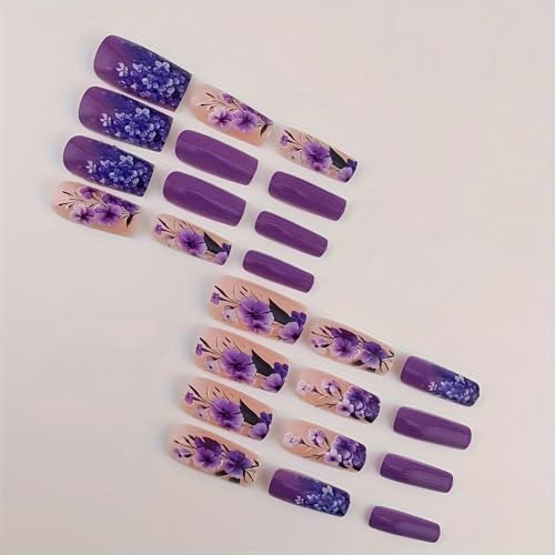 Flower Press on Nails Medium Length Fake Nails Purple Acrylic Nails Glossy Full Cover Spring False Nails Coffin Stick on Nails with designs Artificial Nails Gel Glue on Nails for Women Girls 24pcs - color: style15