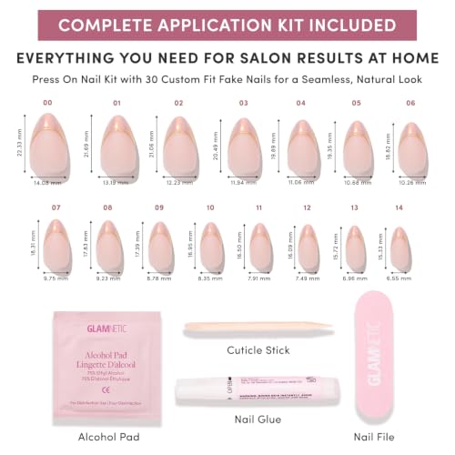 Glamnetic Press On Nails - Short Almond Chrome Fake Nails 30 Pc Full Kit - color: Heavenly Touch - Gold Foil French Tip