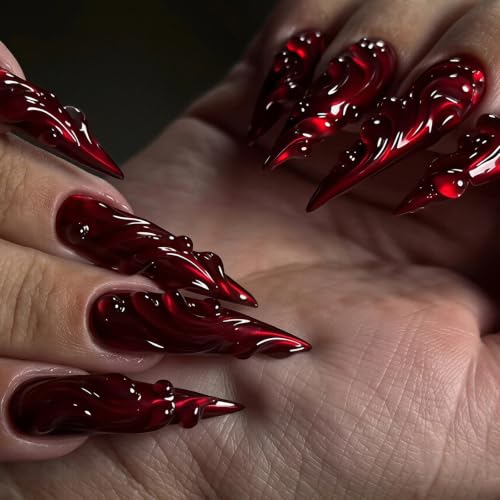 MISUD Press on Nails - Long Stiletto Fake Nails with Goth Red Cat Eye, Acrylic 3D Gel Gothic Vampire Design 24 pcs - color: 06103-01-09Red