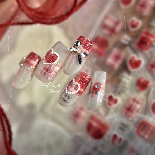 Love Letter Nail Stickers 5D Embossed – Premium Salon-Quality Self-Adhesive Nail Wraps, Tweed Warm Wine Red & Gold Sparkle Heart Designs, Easy Application for DIY Manicure, Press On, Home or Salon Use - color: Love Letter