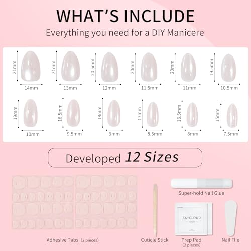 Almond Cat Eyes Press On Nails,12 Sizes - 24 Pcs Soft Gel White Medium Fake Nails Kit with Nail Glue, Natural Reusable Stick On False Nails for Women and Girls (Skycloud Moon White) SK0752 - color: SK0752-Moon White