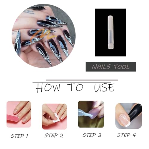 MISUD Press on Nails - Long Stiletto Glue on Nails with Goth Black, Acrylic 3D Silver Chrome Design 24 pcs - color: 02305-14Black
