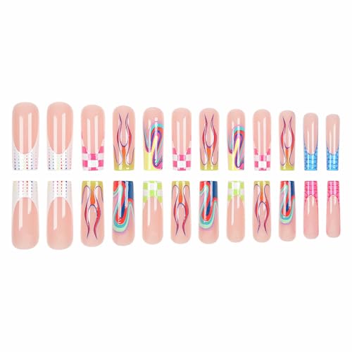MISUD Press on Nails - Long Square Glue on Nails with Colorful Plaid, Acrylic Checkered Flame Design 24 pcs - color: 07811Colorful