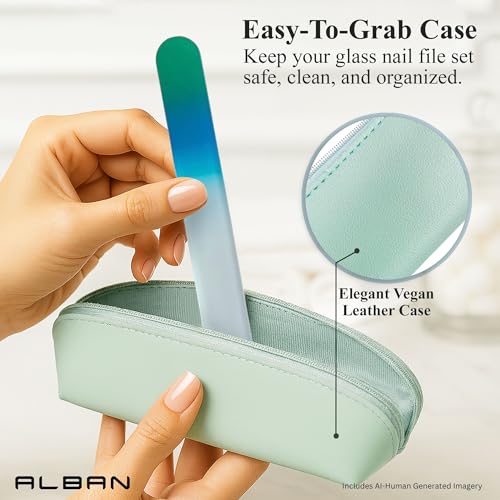Alban Czech Glass Nail File Set with Manicure Stick & Vegan Leather Case - color: Blue & Green & Green Manicure