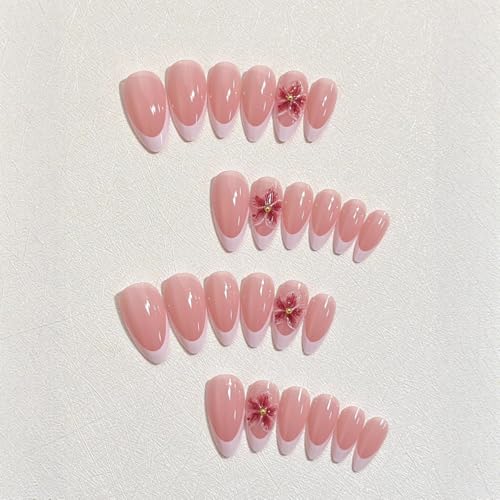 White French Tip Press on Nails Medium Almond - 3D Flowers - color: Style-02