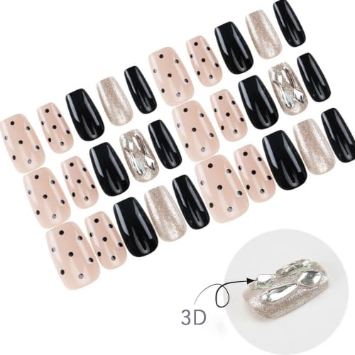 Polka Dots Press on Nails Medium Square Fake Nails with Rhinestone Glitter Designs Black Nails Press ons Glossy Glue on Nails Small Stick on Nails for Women 30Pcs - color: Rhinestone Glitter Designs