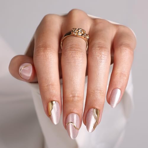 SHANGMENG Press on Nails, Almond Short 3D Rose Pink Cat Eye Nails, Soft Gel - color: Champagne Muse
