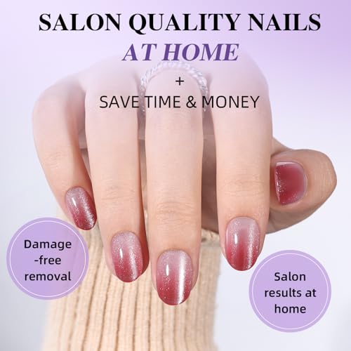 Light Berry Pink Cat Eye Press On Nails, Short Oval Reusable Nails - color: F3-Rose Glow