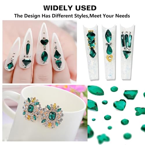 Nail Art Rhinestones Kit Nail Gems Ab Flat bottom special-shaped drill, with Storage Organizer Box/Wax Pencil/Tweezers for Nail Art Craft (Green) - color: Green