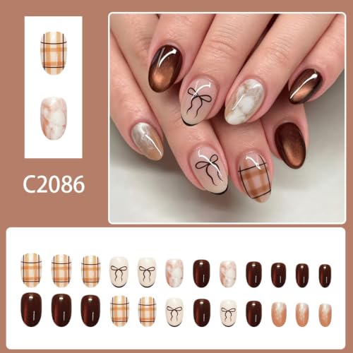 Short Oval Press on Nails, Brown Bow Plaid Marble Fake Nails, 24Pcs - color: Color-16