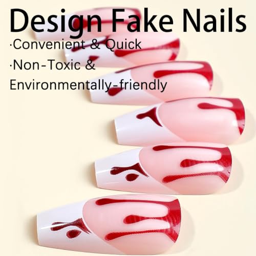 Halloween Long Coffin Press on Nails White French Tip Bloody 24Pcs - color: Halloween 4