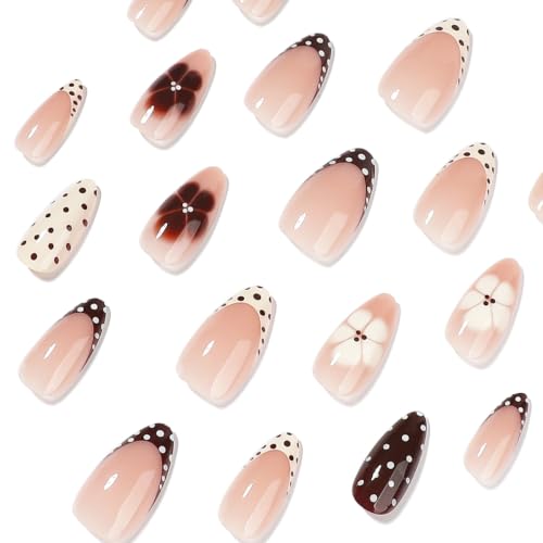 Fall Brown Press on Nails Almond, Flower, Polka Dots, Medium, 24Pcs - color: Style-38