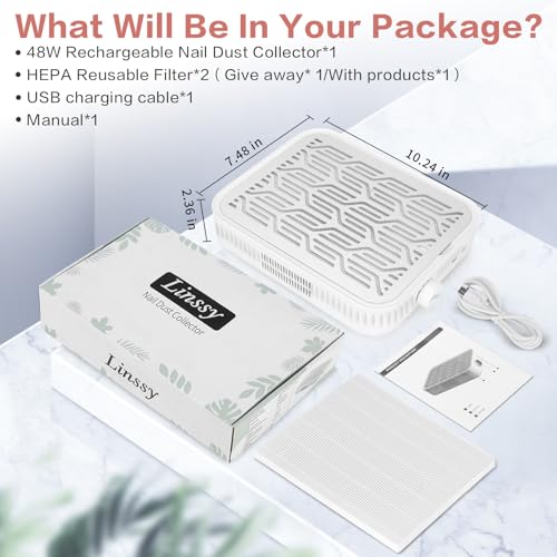 Linssy Rechargeable Nail Dust Collector, 4000RPM HEPA Filter for Acrylic
