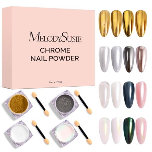 MelodySusie 4Pcs Chrome Nail Powder for Gel Nails - color: White Aurora Gold Silver