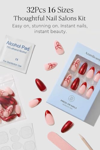 AzureBeauty Short Almond Press On Nails, Ruby Velvet, 32 Pcs 16 Sizes - color: B3-Ruby Velvet