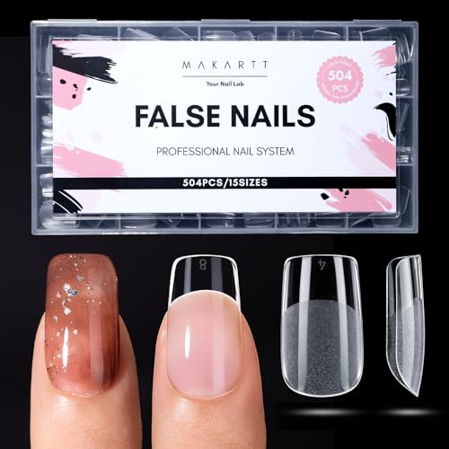 Makartt Short Square Nail Tips: 504PCS Pre Etched Clear False Nails Tips Square Shapes, 15 Sizes Full Cover Half Matte Soft Acrylic Press On Nail Extensions Supplies Salon and DIY at Home - size: Short Square-504 Pcs