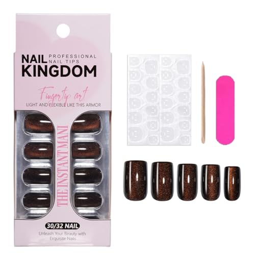 Dark Brown Cat Eye Press on Nails Medium Square Glossy Fake Nails 30 Pcs - color: Style-8