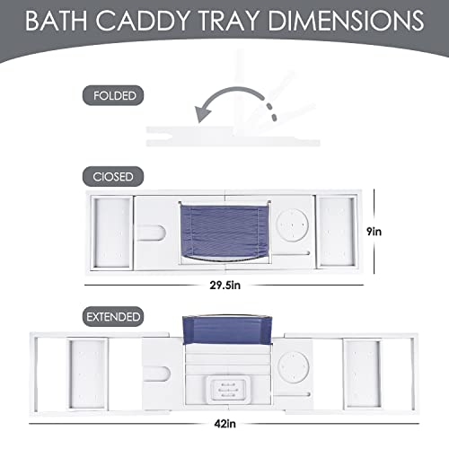 Foldable Bathtub Tray Caddy with Soap Dish Adjustable 29.5-43''White - color: White