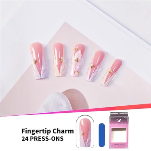 Long Square Press on Nails 3D Flower Design French Tip False Nails with Pearls Elegant Fake Nails for Women Wedding Party Prom 24 Pcs - color: 22