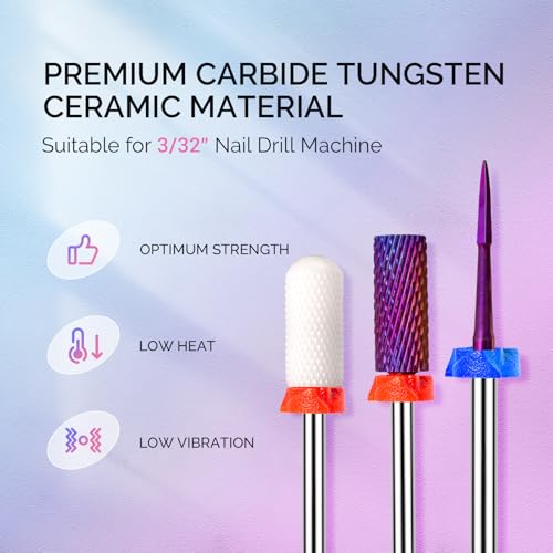 MelodySusie 3Pcs Nail Drill Bits Set, 3/32'' Tungsten Ceramic Bits, Flame Hexagon, Flat Top Small Barrel and Smooth Top Large Barrel Bits, Suitable for Manicure Pedicure Cuticle Gel Acrylic Remover - size: E Set