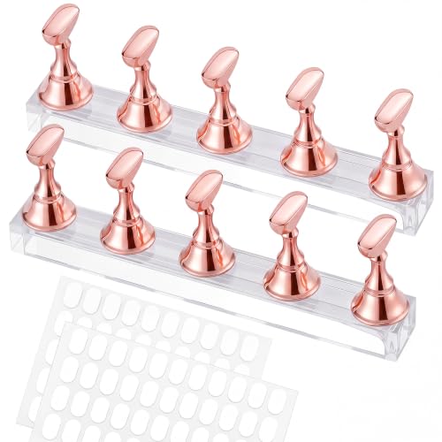 Nail Stand for Press Ons, Acrylic Magnetic Nail Tips Practice Holder,100 Pcs Reusable Double-Sided Tape Dot for Home DIY Salon Painting Nails Stand kit (Rose Gold) - color: Rose Gold A