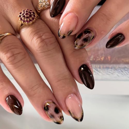 Medium Short Almond Press On Nails, Deep Brown Tortoise, 24 Pcs - color: 102-Espresso Caramel Nude