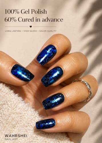 Semi Cured Gel Nail Strips, Blue, Gold Foil 20pcs Adhesive UV Sticker, Wraps for Home Manicure DIY - color: Chrome Blue Foil