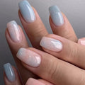 Coffin Press on Nails Short Fake Nails with Marble Designs Acrylic Nails Press ons Glossy Glue on Nails Light Blue Full Cover Artificial Stick on Nails for Women 24Pcs - color: Marble Designs
