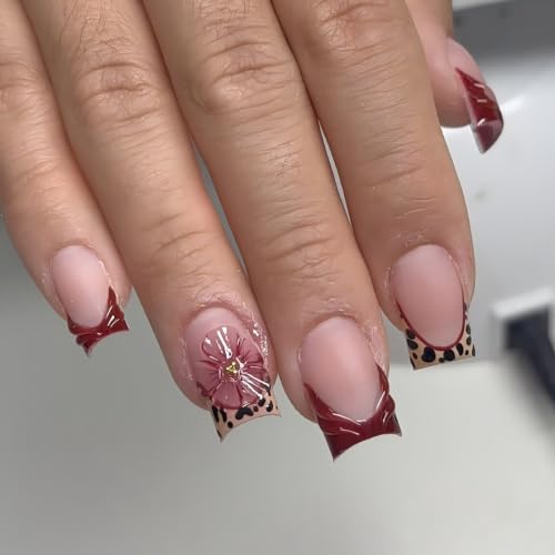 French Tip Press on Nails Short Square Leopard Flower Design - color: Red Black Glod