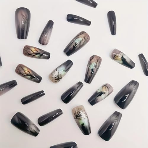 24Pcs Halloween Forest Press on Nails Medium Coffin Fake Nails with Woitch Designs Halloween Glue on Nails Black Reusable Scholar False Nails for Women Girls - color: Halloween style 19