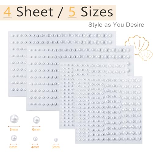 qiipii 4 Sheets Pure White Flatback Pearls Stickers Self Adhensive Solid White Half Pearls Stick On Jewels 3/4/5/6/8mm Multi Sizes Gems Stick on Charms for Nails Face Eyes Hair Makeup Clothing Crafts - color: Pure White Pearls, size: Small Size