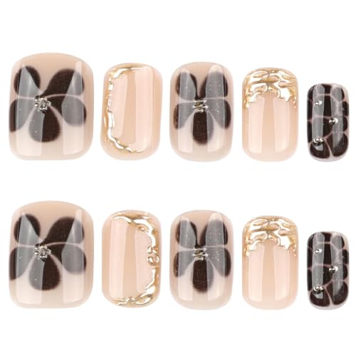 French Tip Press on Nails Short Square Fake Nails with Flower Glitter Designs Glossy Nails Press ons Brown Gold Glue on Nails Fall False Autumn Stick on Nails for Women 24Pcs - color: 3