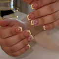 French Tip Press on Nails Short Square Flower Water Ripple Design - color: Yellow Pink