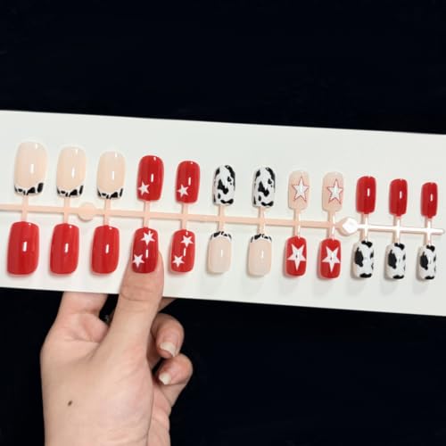 NBNTGH Short Square Press on Nails Red White Fake Nails Y2K Star False Nail - color: Style30