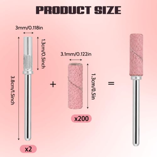 200 Pcs 180 Grit Pink Nail Sanding Bands 2 Mandrels Nail Drill Accessories