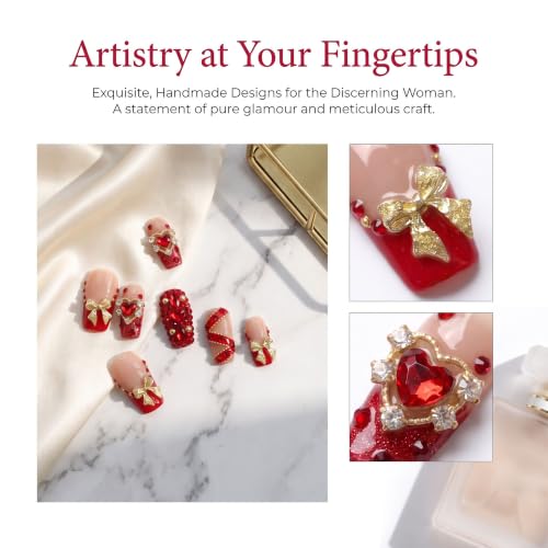 Handmade Press on Nails,Medium Coffin Red Gold Heart Fake Nails - color: style15