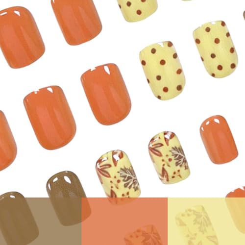 Autumn Press on Nails Short Square Fake Nails with Maple Polka Dot Designs Glossy Nails Press ons Orange Yellow Brown Glue on Nails Full Cover Acrylic Nails Fall Stick on Nails for Women 24Pcs - color: 13
