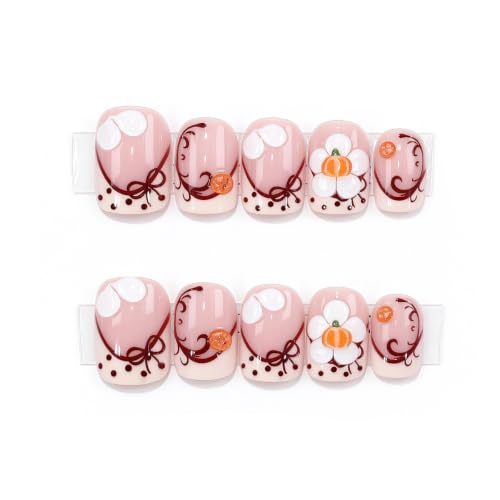 French Tip Press on Nails Short Square Flower Design - color: Pink White-24