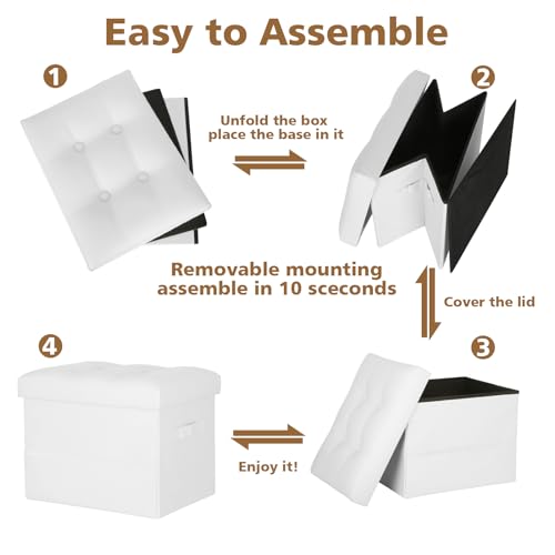 Ottoman with Storage. Folding Foot Stool with Thick Foam Padded Seat, White - color: White, size: 17"D x 13"W x 13"H