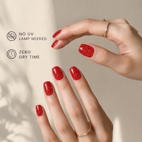 Red Glitter Nail Stickers, 32 Nail Wraps, No UV Lamp, Zero Dry Time - color: Red Glitter