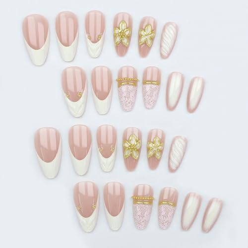 Press On Nails Medium Almond Fake Nails Shite Lace With Gold Flower Design False Acrylic Nails Gold Pearl Nail Press Ons Glossy French Reusable Glue On Nails For Women - color: Design-21