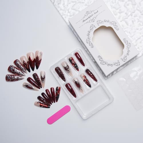 Gothic Stiletto Press On Nails Y2K Dark Red Fake Nails 3D Embossed Heart Flower Designs Full Cover Glossy Glue On Nails Goth Acrylic False Nails for Women Punk Halloween Nail Decor 24Pcs - color: special Gothic-17