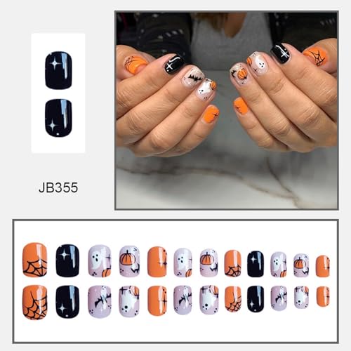 Halloween Press on Nails Short Fake Nails Square False Nails Little Ghost Spider Web Design Cute Pumpkin Fake Nails Full Cover Stick on Nails Halloween Festival Artificial Nails for Women 24 Pcs - color: Halloween Style 022