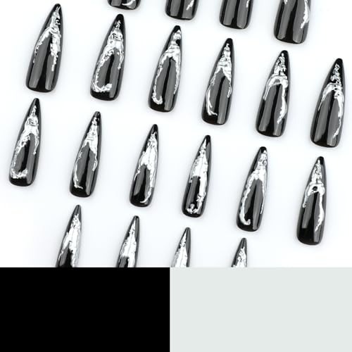 MISUD Press on Nails - Long Stiletto Glue on Nails with Goth Black, Acrylic 3D Silver Chrome Design 24 pcs - color: 02305-14Black