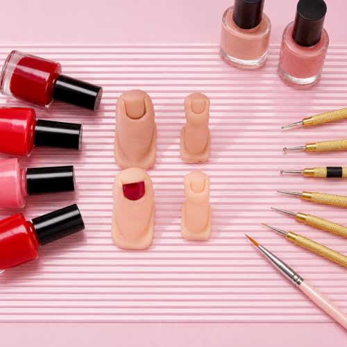 SUPERFINDINGS 2 Sets 2 Colors Nail Art Practice Toenail 4PCS Silicone Practice Toes with 200PCS Plastic Toenail Tips for Nail Art Training Flexible Mannequin Feet Finger Model for Enhanced Nails Skill