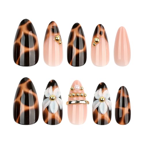 Press On Nails Medium Almond, 3D Flower Tortoiseshell, 24 Pcs - color: 107-Blush Amber Tortoise