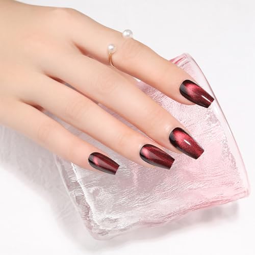 Burgundy Cat Eye Press On Nails Medium Coffin, Wine Red Glossy Fake Nails, Reusable Acrylic Glue On Nails for Women, Salon Quality Press Ons for Work, Party, Date Night and Gift, 32 Pcs - color: C2-Midnight Blaze
