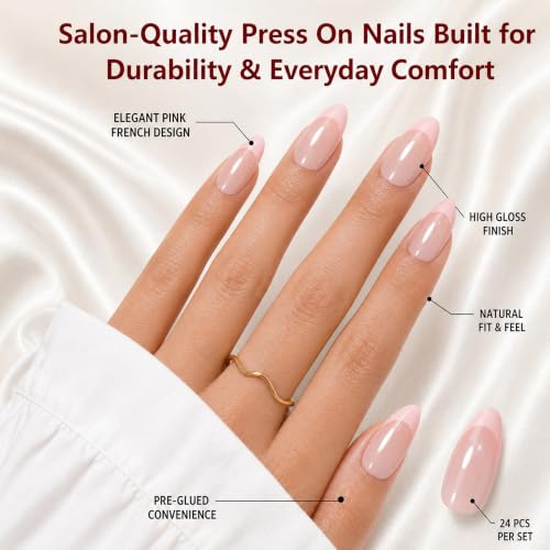 French Tip Press On Nails, 30PCS Almond Pink Nude Fake Nails - color: Light Pink Solid Nails