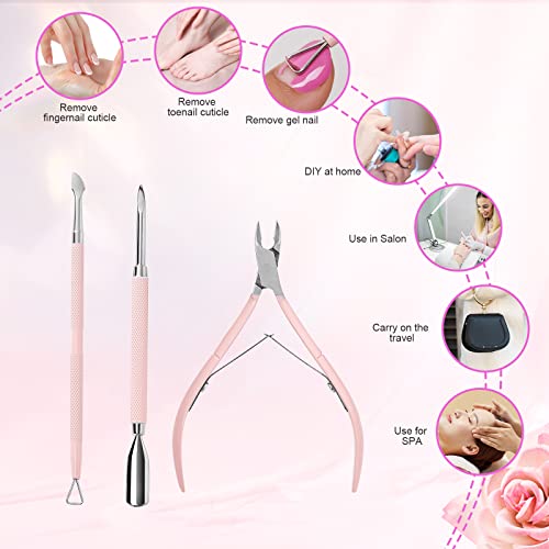 Makartt 3 Pcs Pink Cuticle Nipper Set, Stainless Steel Pusher & Scraper - size: Pink-3pcs