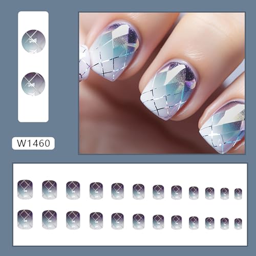 RTKHFZE Square Press on Nails Short False Nails Full Cove Acrylic Nails Geometry Fake Nails Purple Gradient Glue on Nail Stick on Nail for Women 24 Pcs - color: W1460